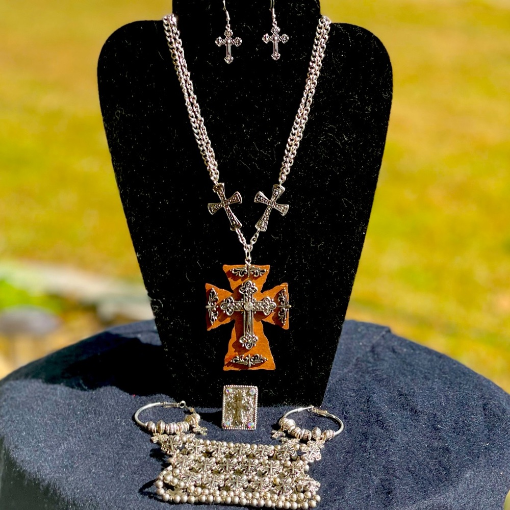 Budded Cross Set. Necklace- two pair earrings - bracelet -and expandable ring .